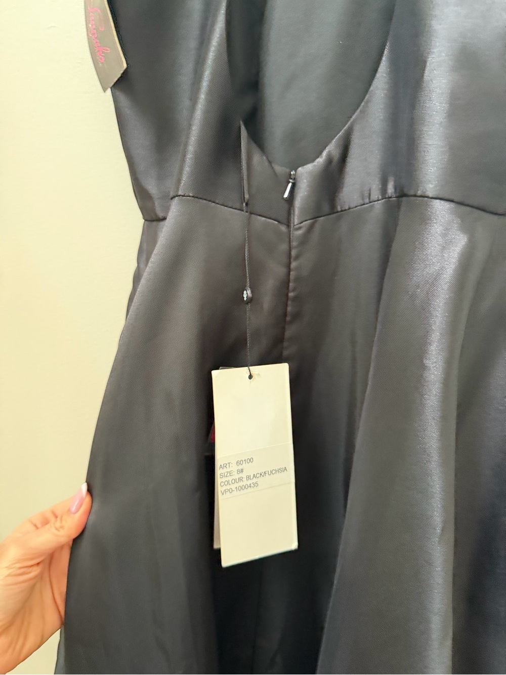 Black Satin Dress by Hannah's Boutique with Fuchsia Lining - Picture 15 of 15